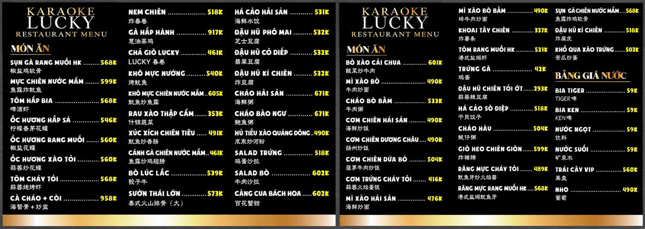 Menu Món Ăn KTV Lucky 2000 Karaoke 171 Chợ Lớn