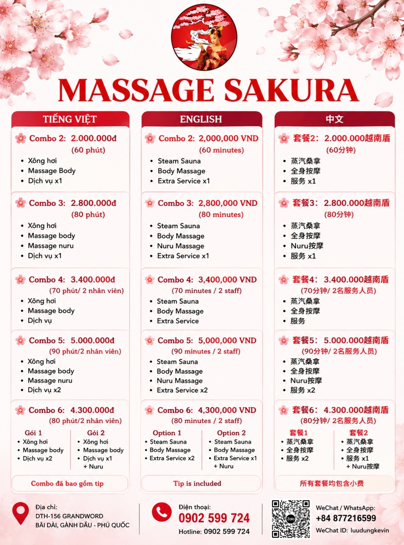 Bảng Giá Massage Sakura Phú Quốc