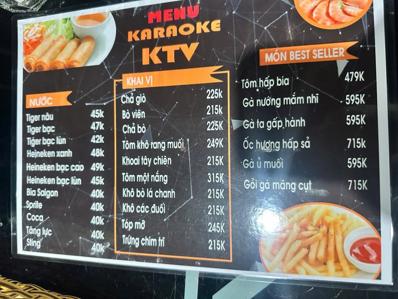 Menu và đồ uống tham khảo tại Karaoke Las Vegas