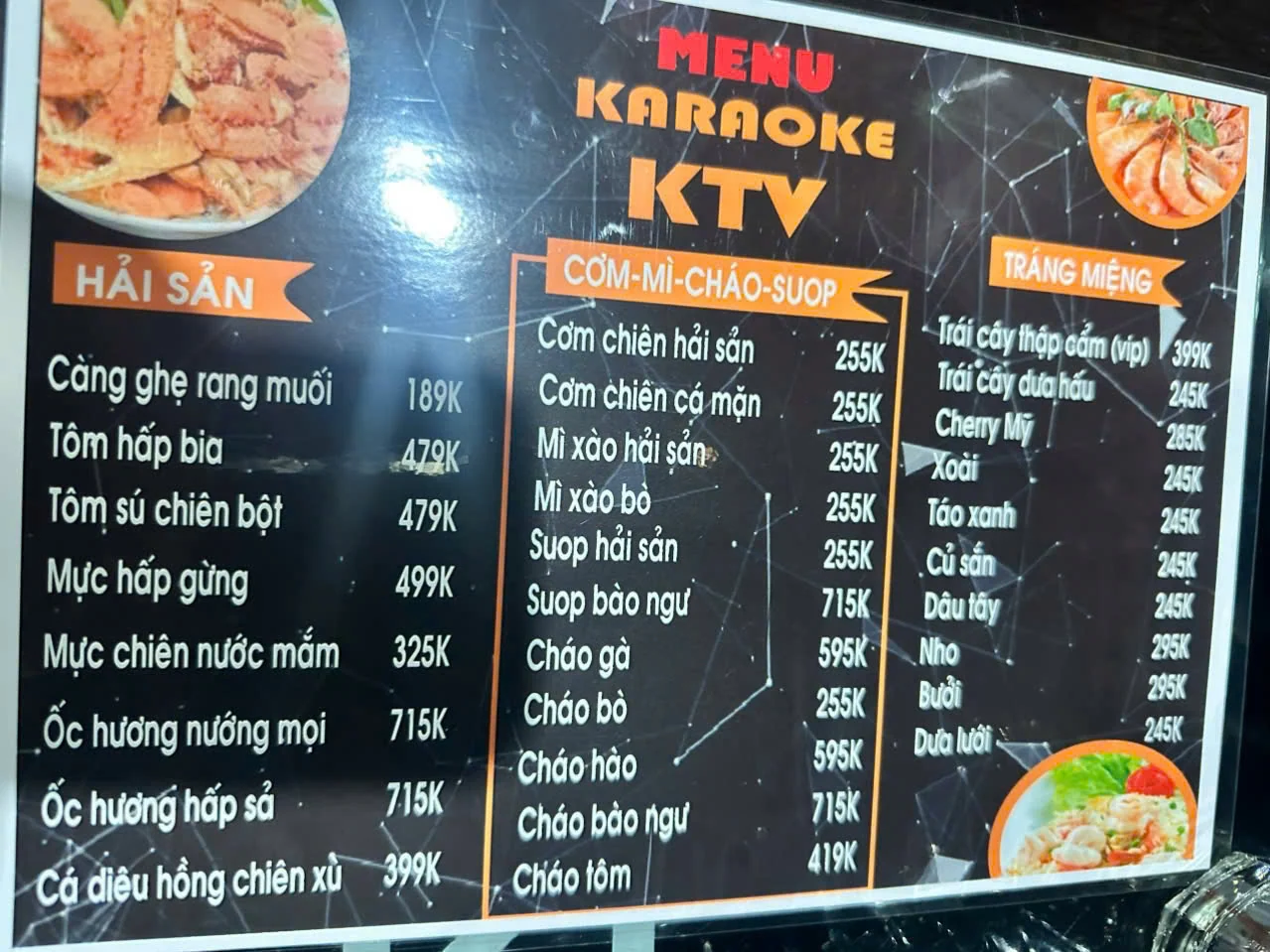 Menu và đồ uống tham khảo tại Karaoke Las Vegas