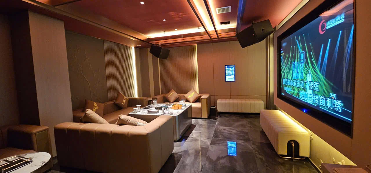 Phòng hát ốp gỗ, sofa kem