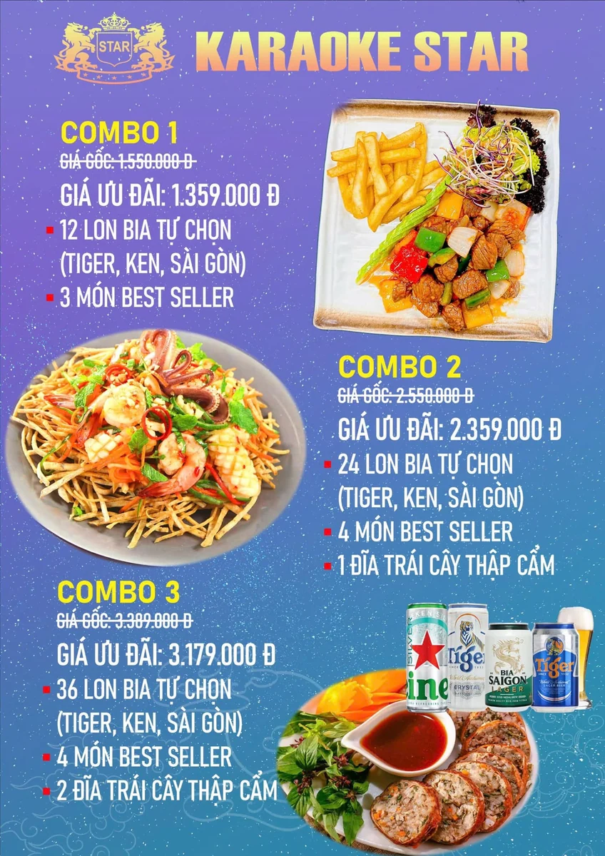 Menu combo Karaoke Star: bia và món nhậu