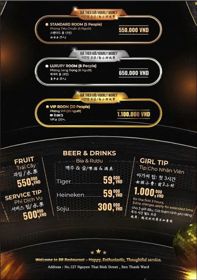 Menu và đồ uống tham khảo tại Karaoke KTV 127