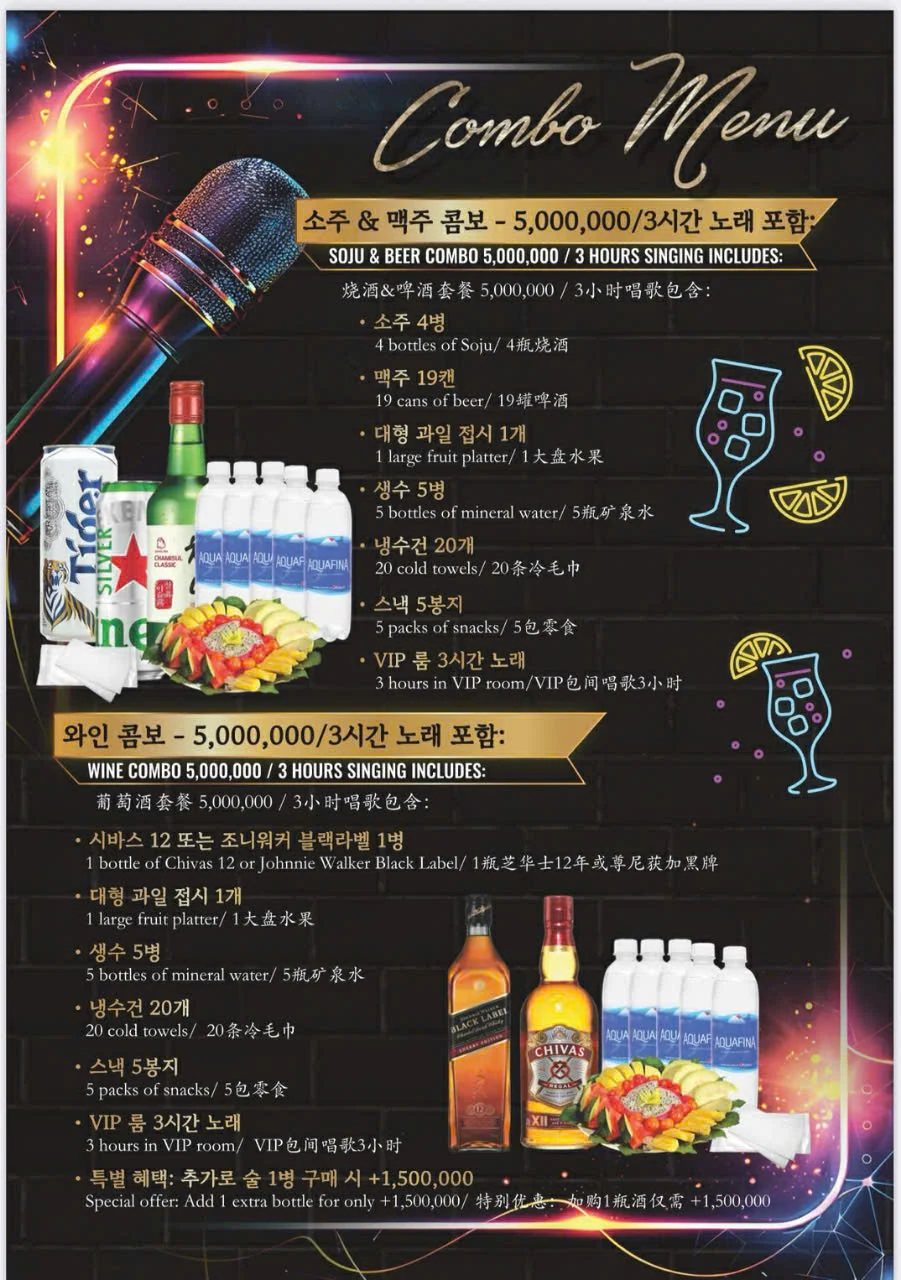 Menu và đồ uống tham khảo tại Karaoke KTV 127