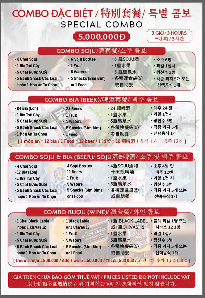 Menu và đồ uống tham khảo tại Karaoke KTV 127