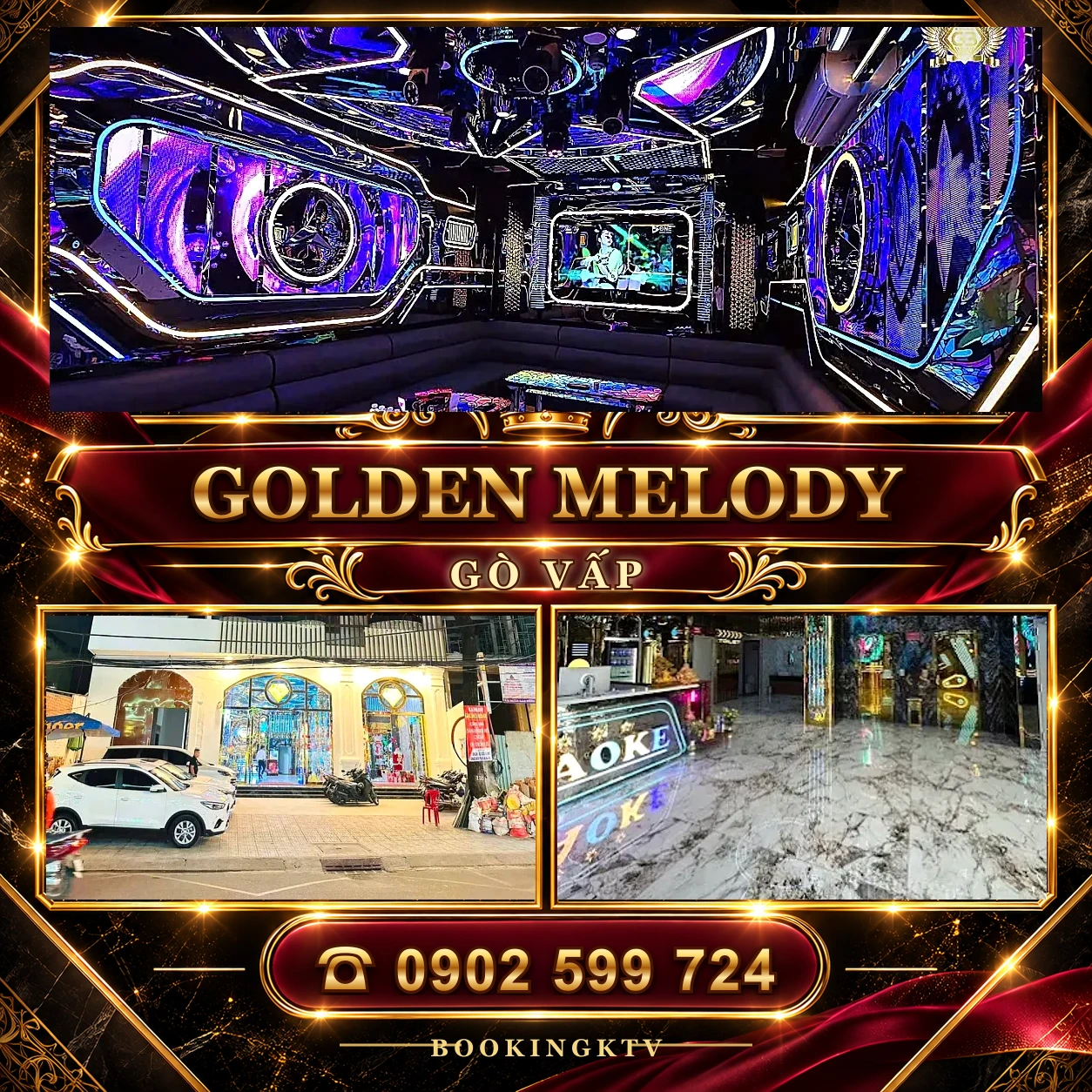 Karaoke Golden Melody Gò Vấp – mặt tiền, sảnh và phòng LED