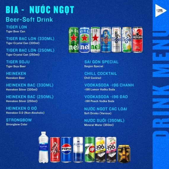 Menu bia và nước ngọt tại Karaoke ICOOL