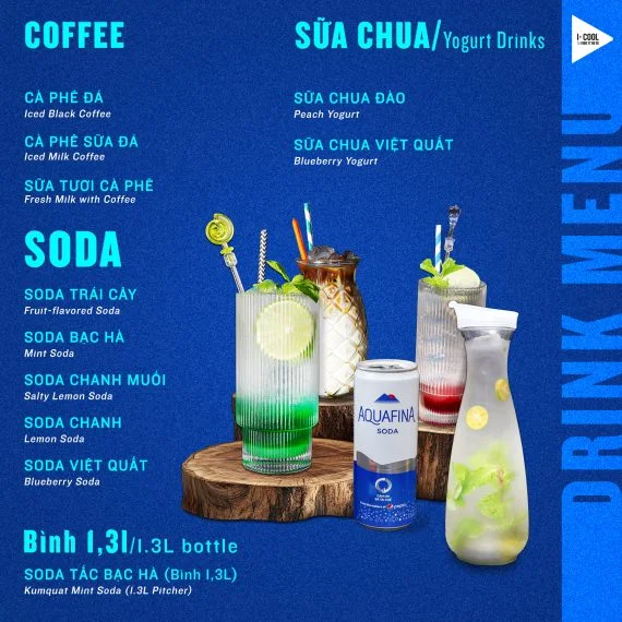 Menu cà phê, soda và sữa chua uống tại ICOOL