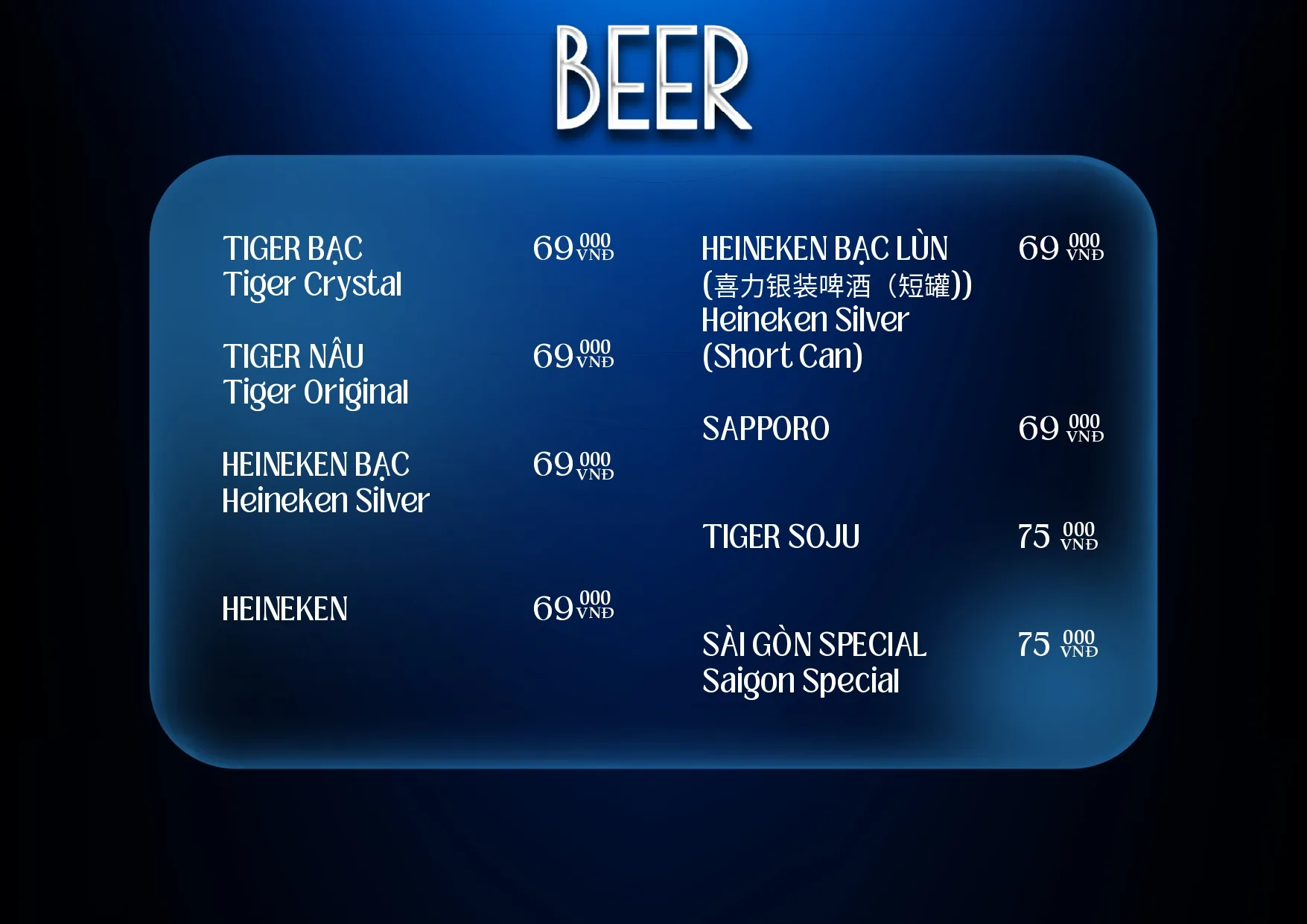 Menu và đồ uống tham khảo tại Karaoke Limited