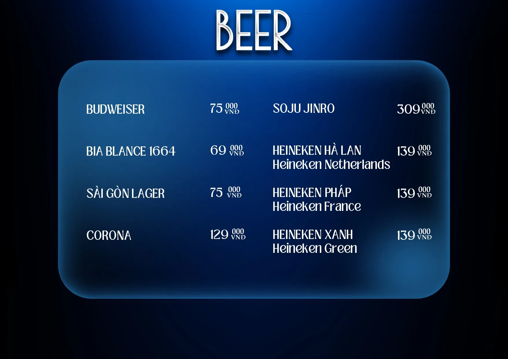 Menu và đồ uống tham khảo tại Karaoke Limited