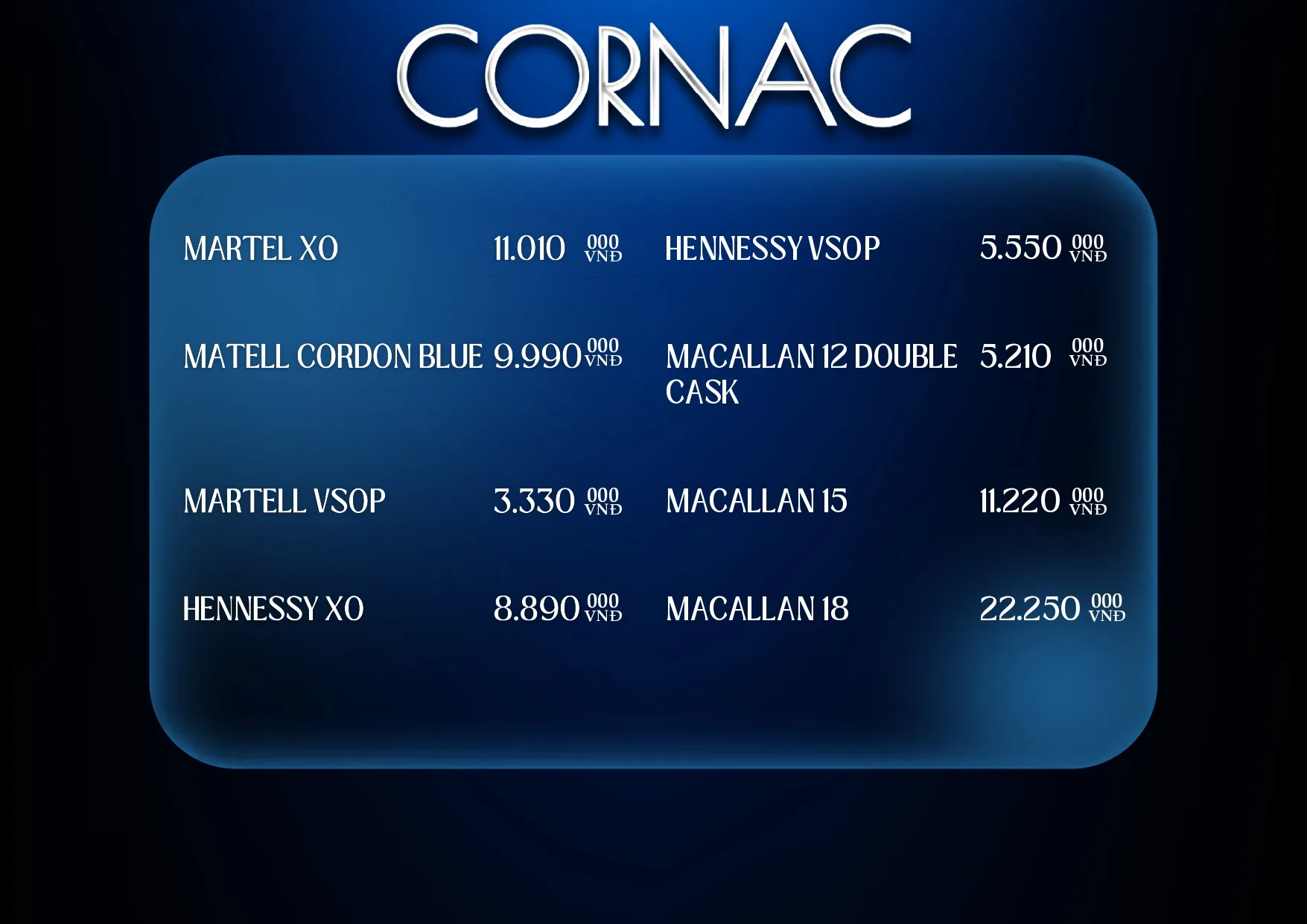 Menu và đồ uống tham khảo tại Karaoke Limited
