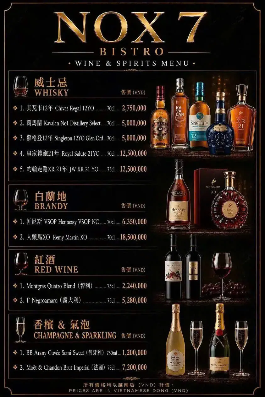 Menu whisky vang và champagne NOX7 Bistro KTV