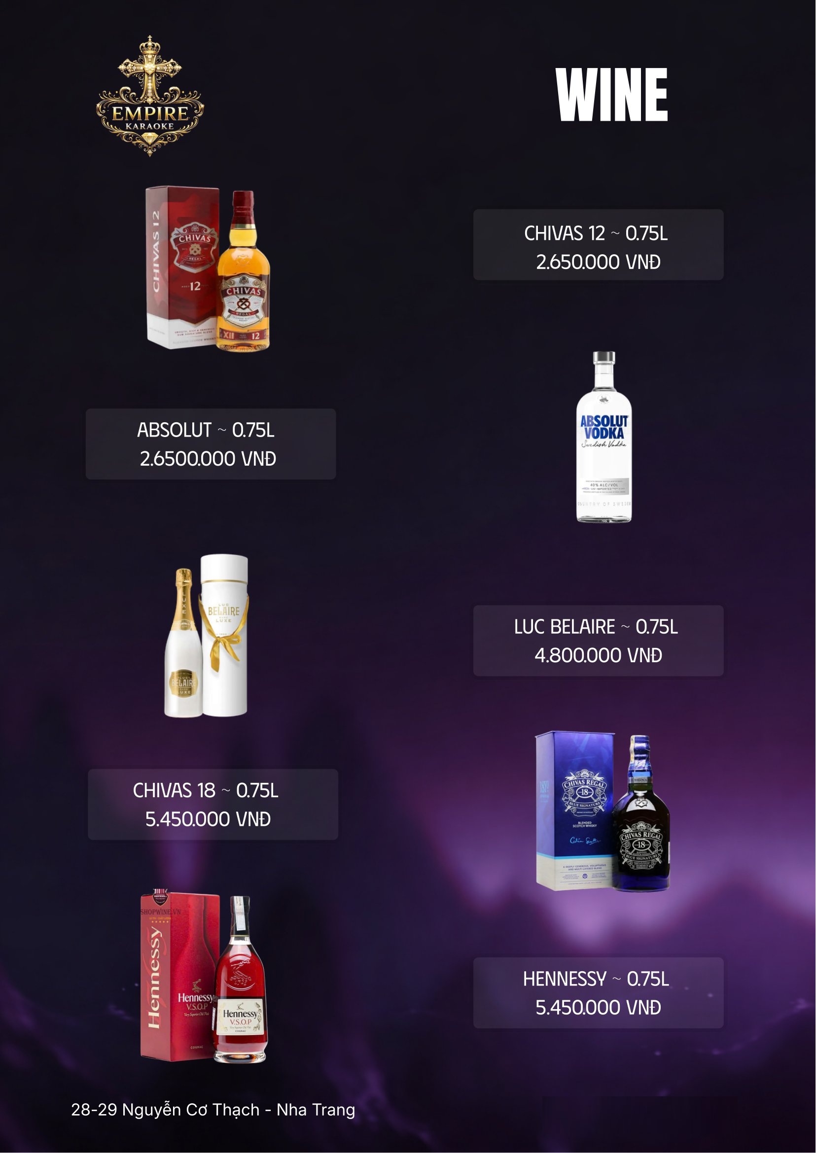 Menu rượu vang và rượu mạnh Empire KTV