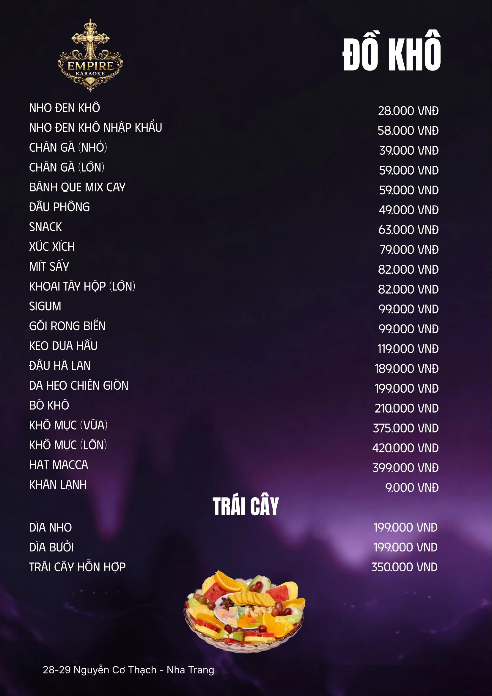 Menu đồ khô và trái cây Empire KTV