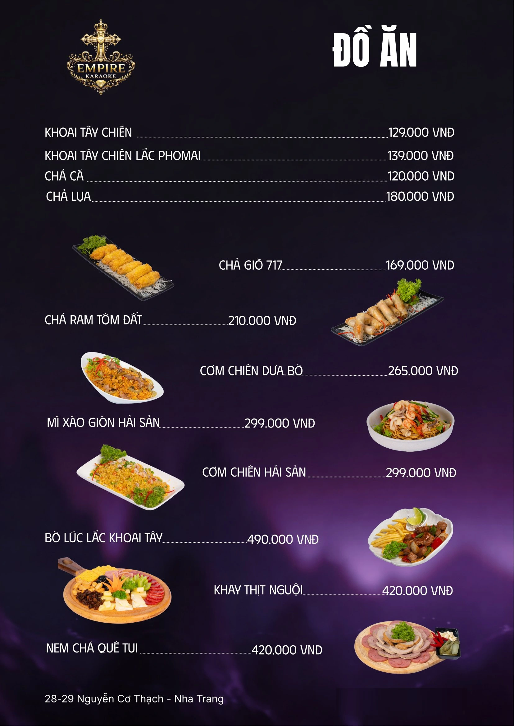 Menu đồ ăn Empire KTV Nha Trang