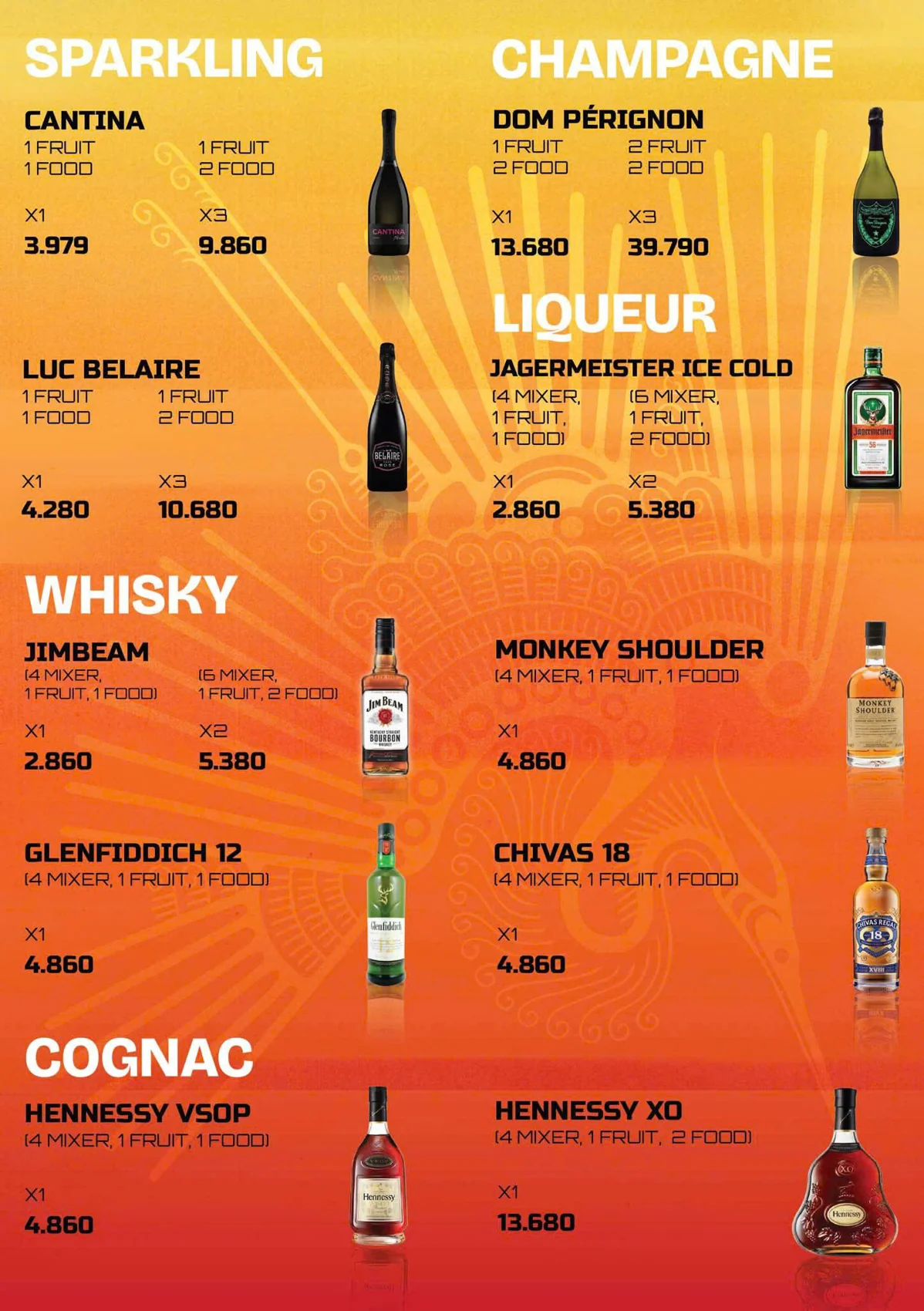 Menu Khu 13 Cần Thơ: champagne, whisky, cognac