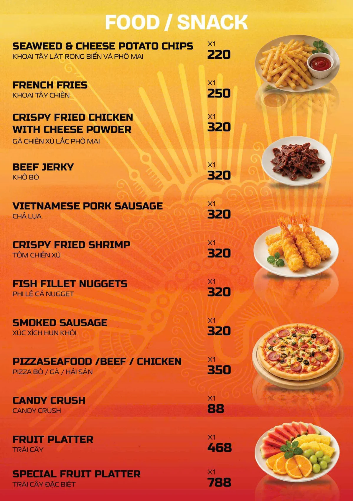 Menu đồ ăn nhẹ và trái cây