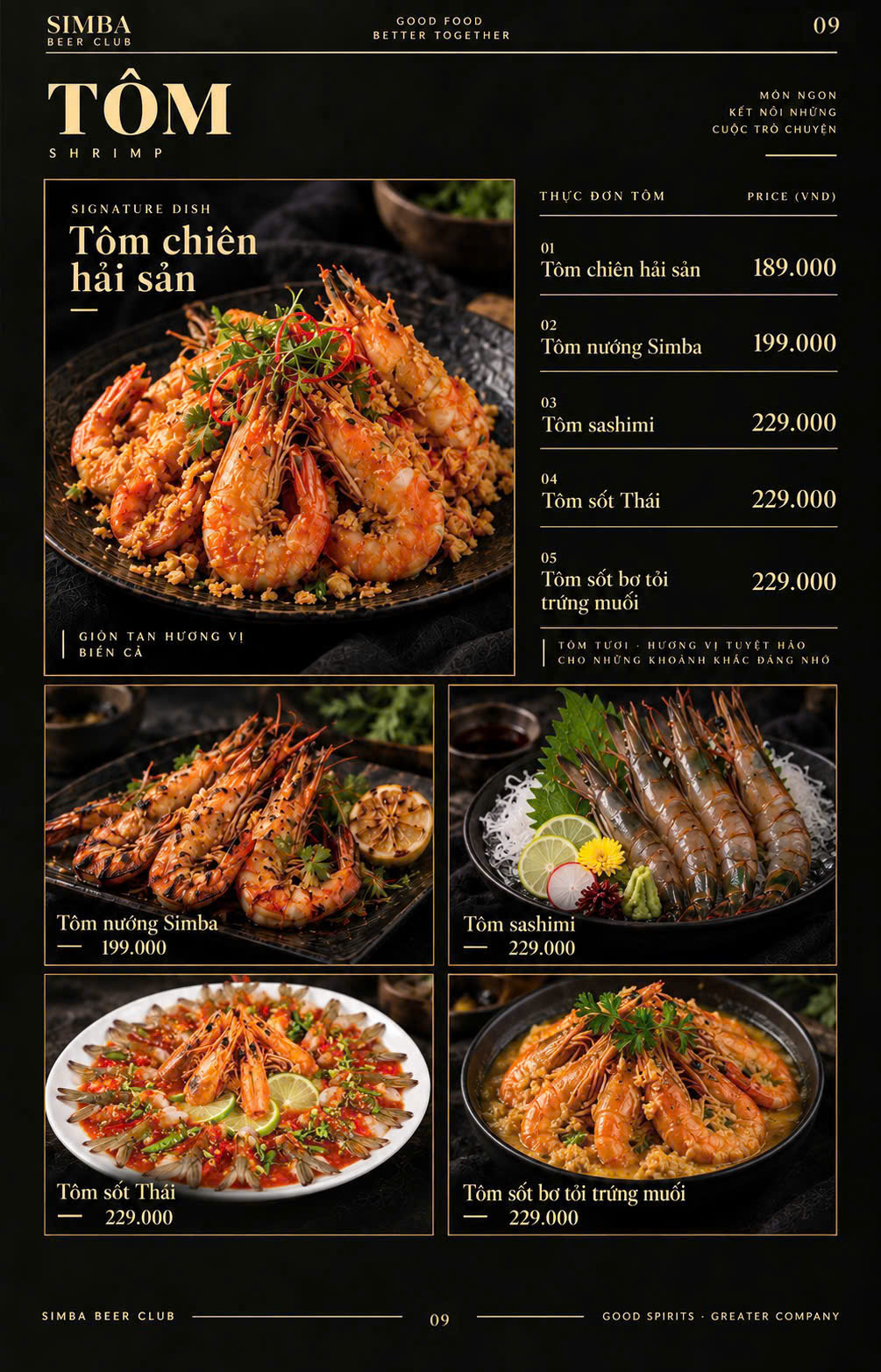 Menu tôm Simba Club Đà Nẵng: tôm chiên hải sản, tôm nướng, sashimi và các loại sốt