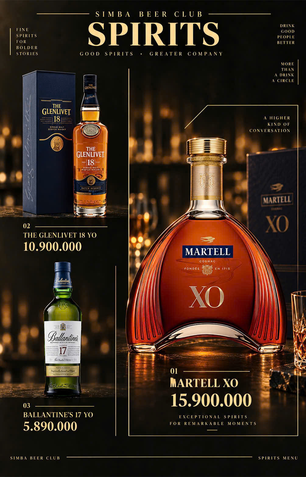 Menu rượu Simba Club Đà Nẵng với The Glenlivet 18, Martell XO và rượu vang