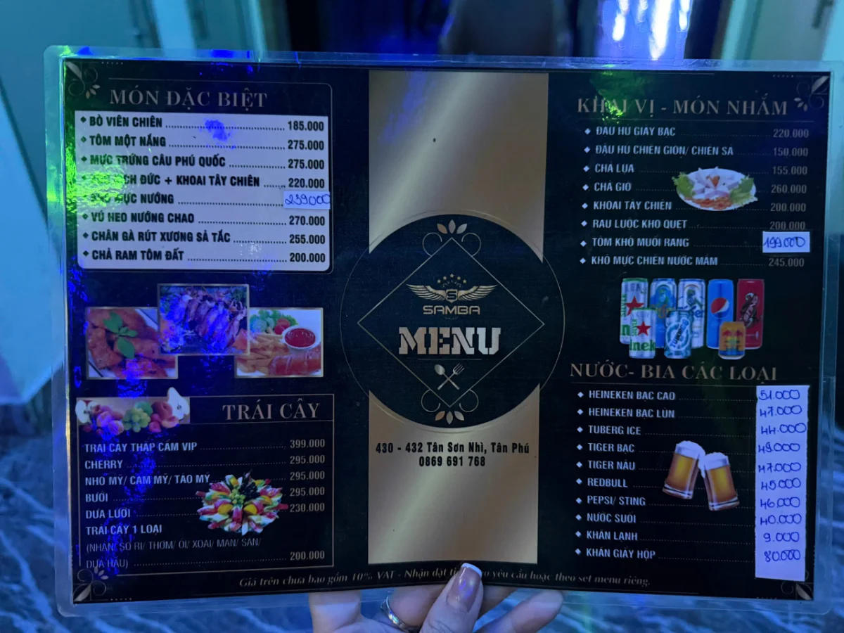 Menu đồ ăn tại Karaoke Samba Tân Sơn Nhì
