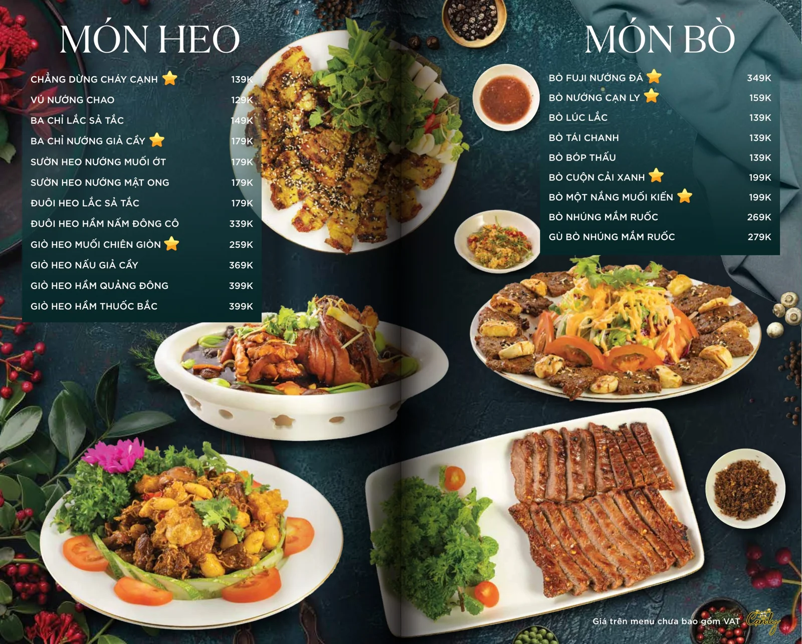 Menu món heo, món bò