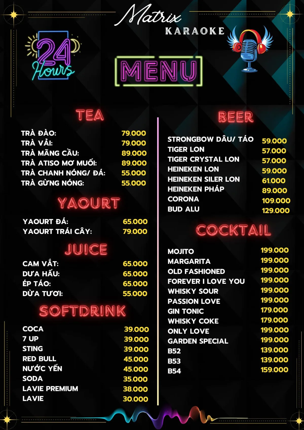 Menu trà, nước ép, bia và cocktail