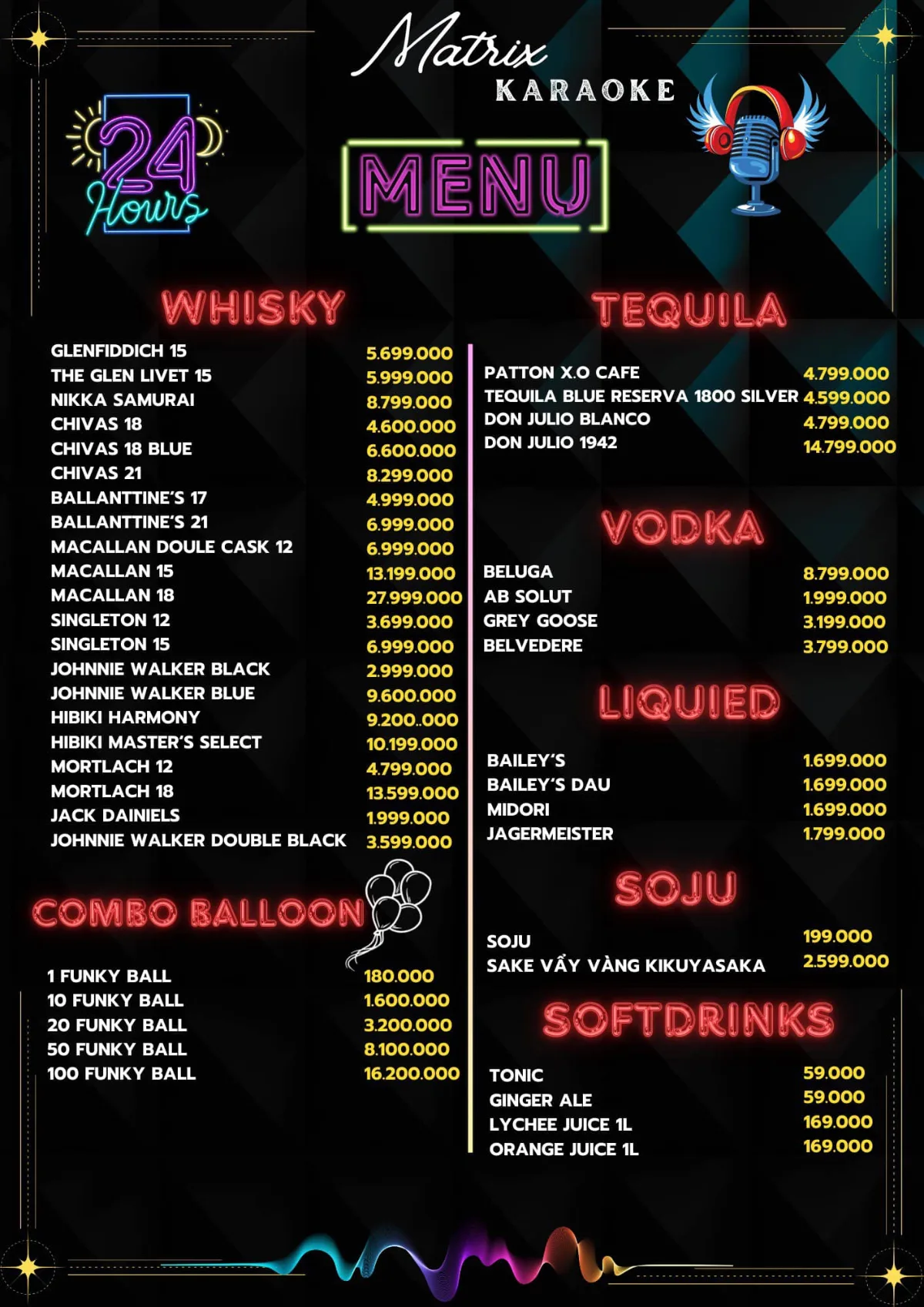 Menu whisky, vodka, tequila và soju