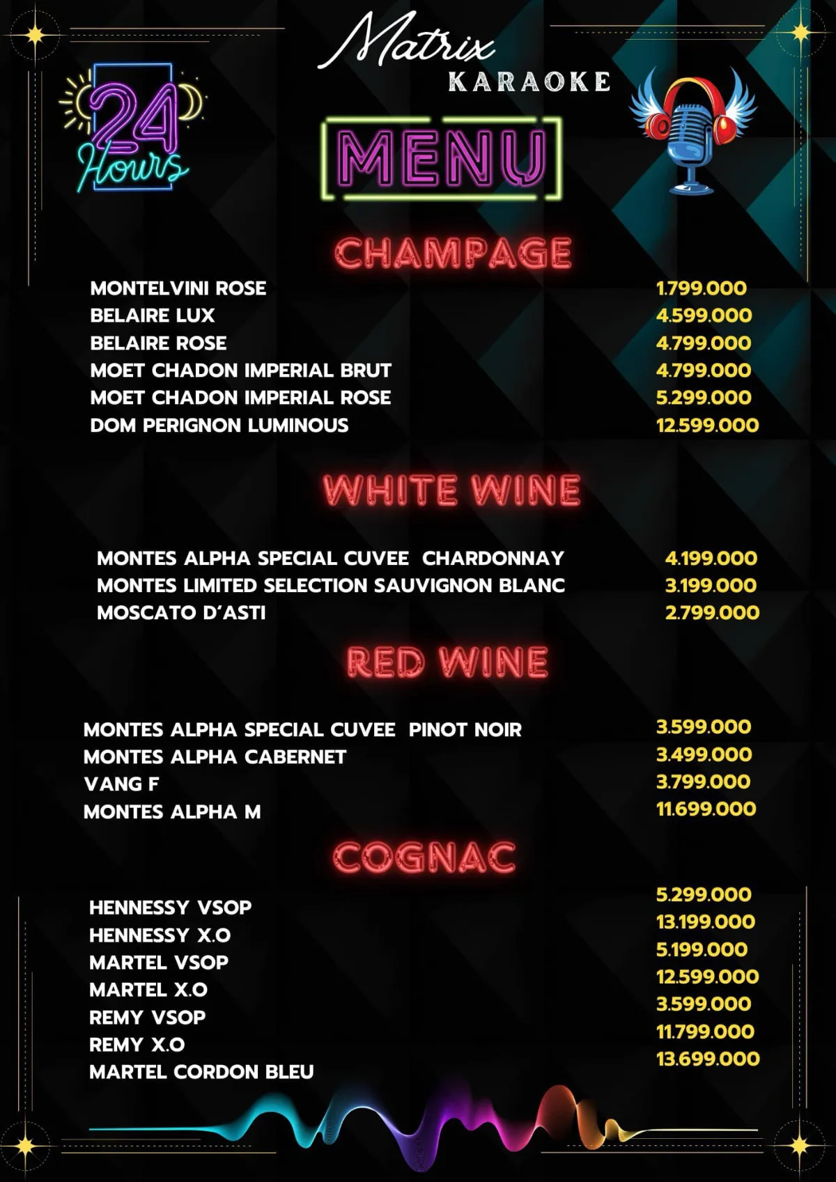 Menu champagne, rượu vang và cognac