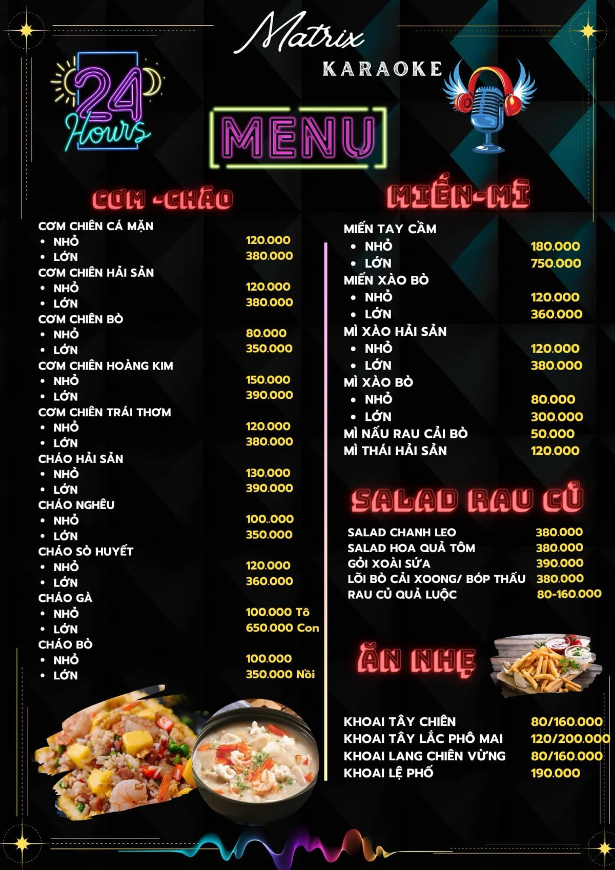 Menu cơm, cháo, mì và salad