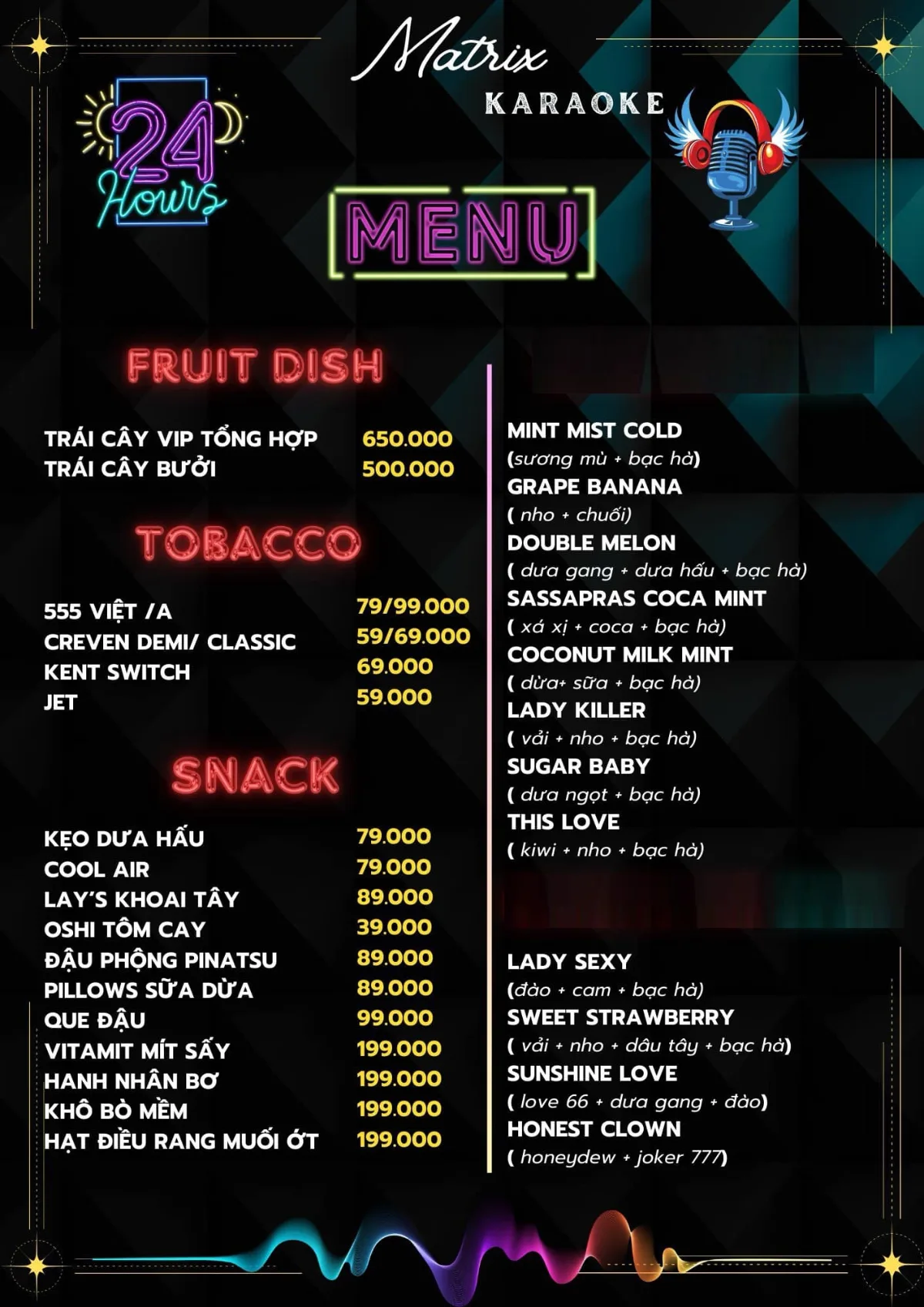Menu trái cây và snack