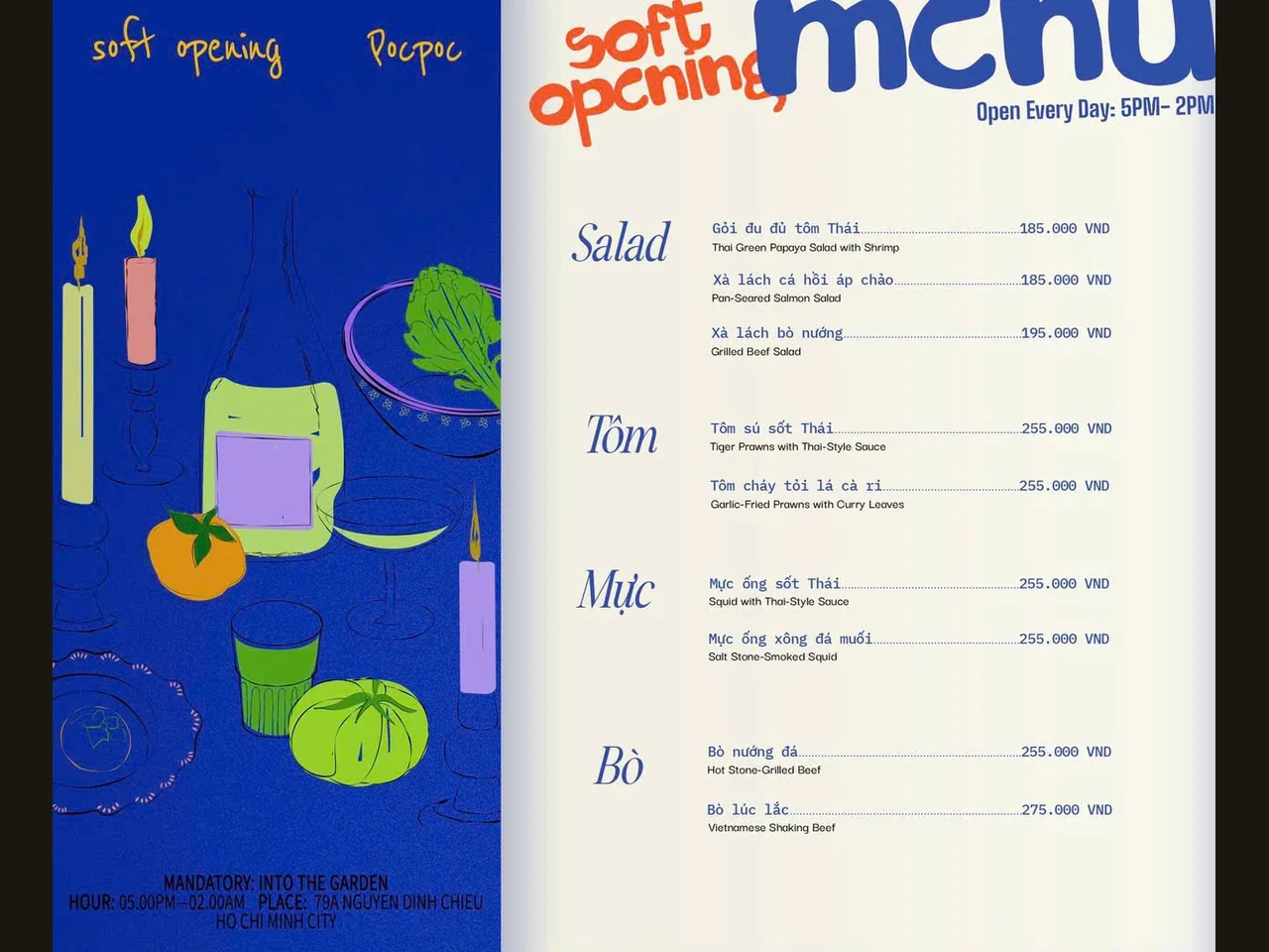 Poc Poc Garden menu món ăn: salad, tôm, mực, bò