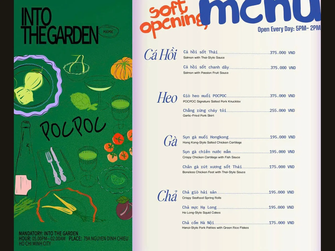 Menu Poc Poc Garden: cá hồi, heo, gà, chả