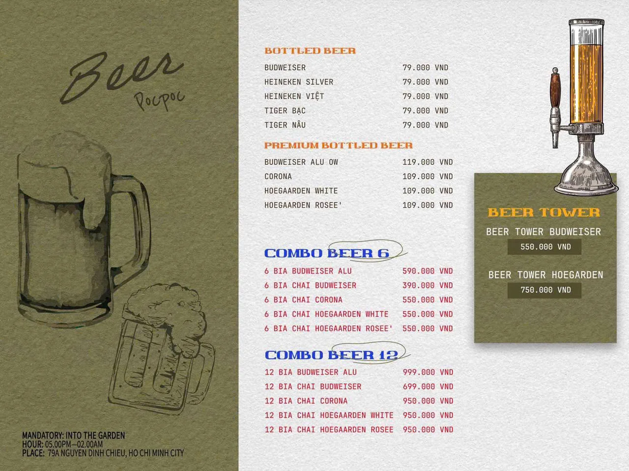 Menu bia Poc Poc Garden và beer tower