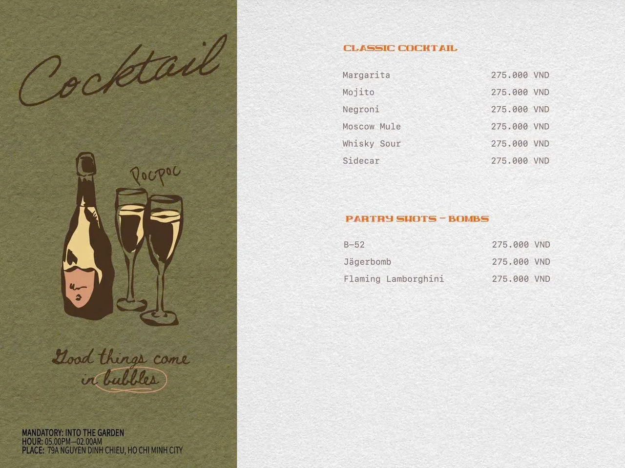 Menu cocktail và party shots Poc Poc Garden