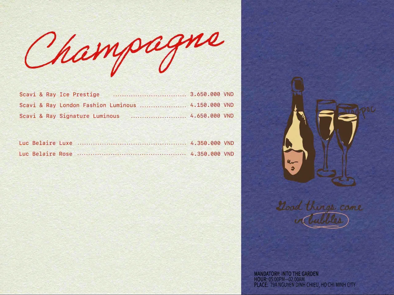 Menu champagne Poc Poc Garden
