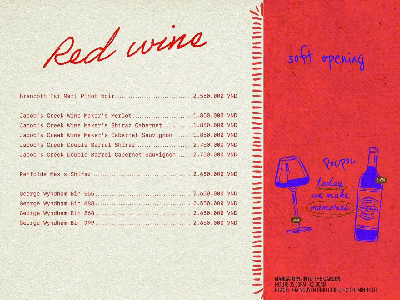 Menu vang đỏ Poc Poc Garden